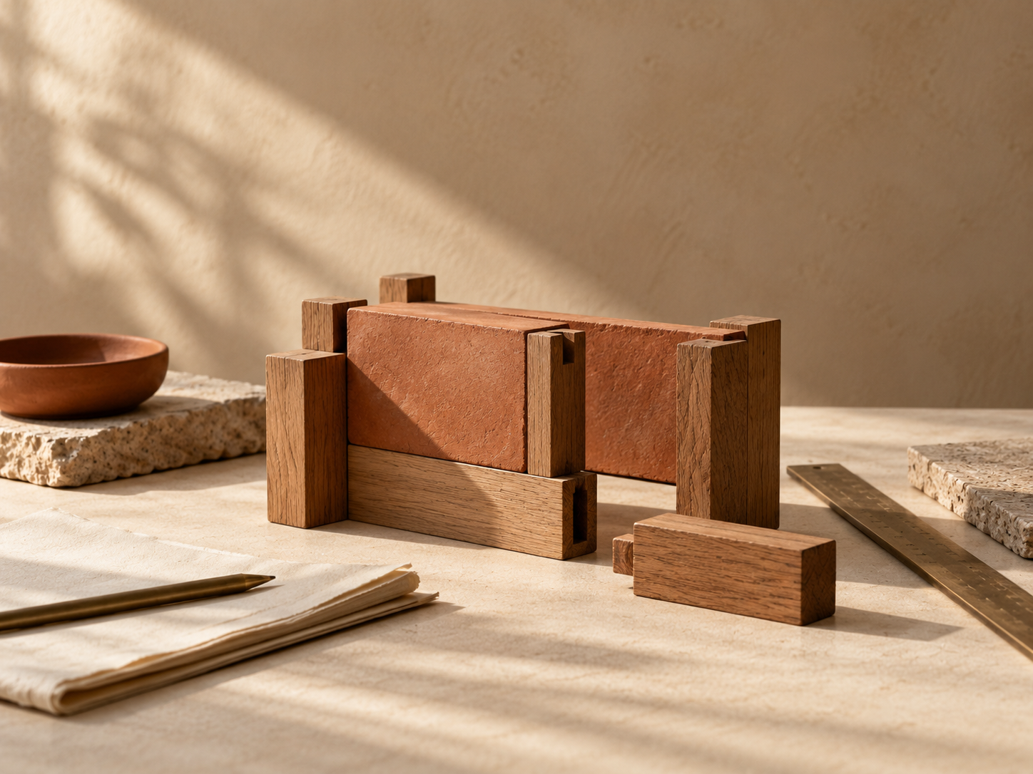 Conceptual illustration of an unfinished timber-and-clay assembly, with a loose component beside it.